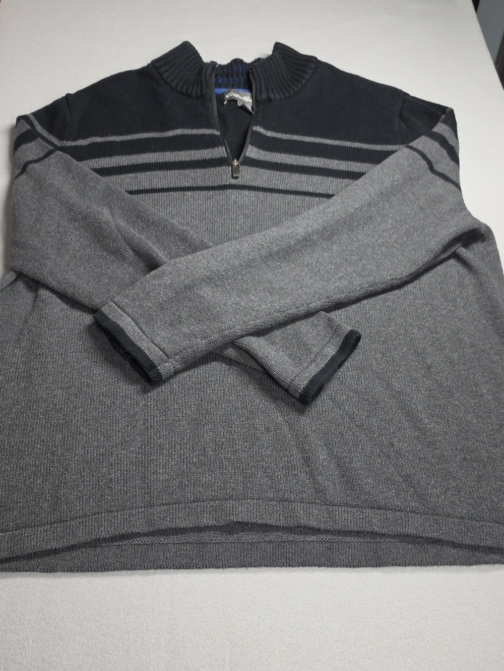 Size 2XL Men's Eddie Bauer Gray & Black Quarter-Zip Striped Sweater